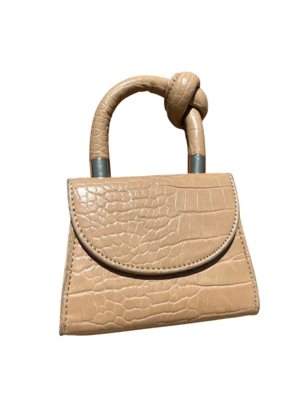 Mini Beige Croc-Embossed Purse With Knotted Handle & Magnetic Snap Closure 5"x4"